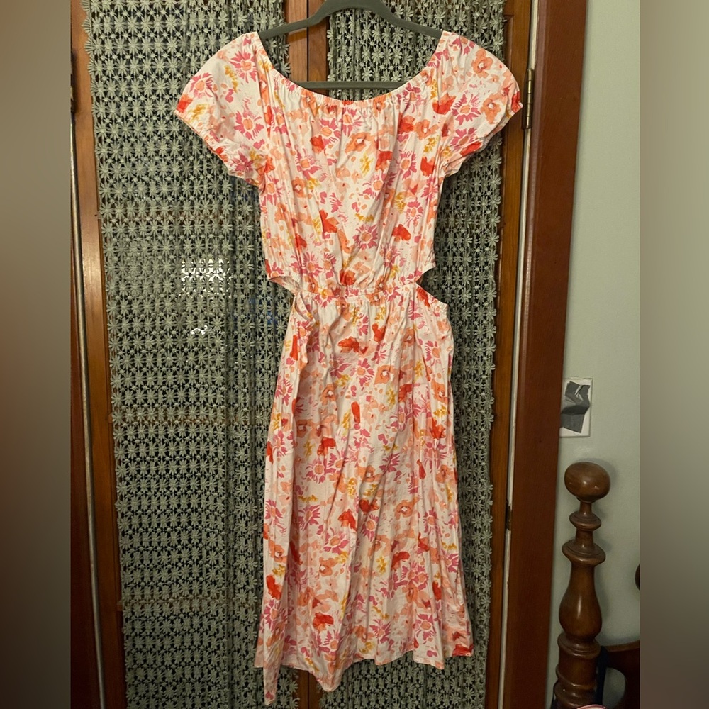 Floral Off-Shoulder Midi Dress in Pink and Orange